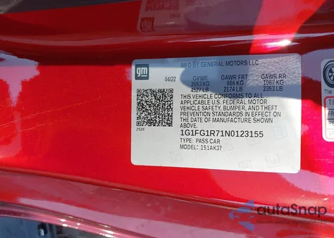 2022 Chevrolet Camaro Rwd 2Ss из США, поврежденный, VIN 1G1FG1R71N0123155